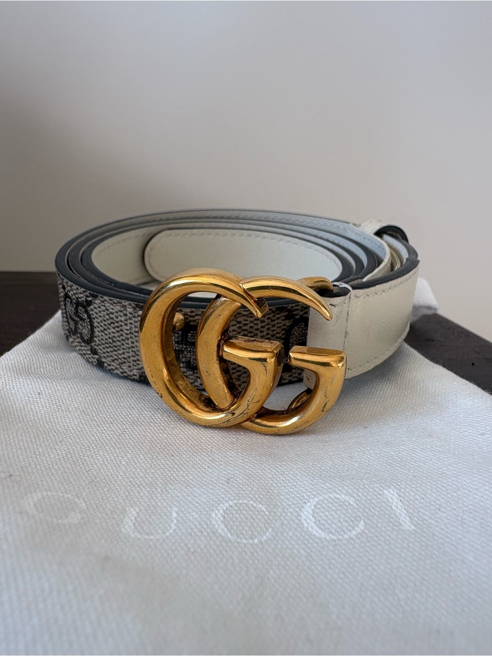 Gucci GG Marmont Thin Belt Ivory GG Supreme Canvas Gold Buckle 85/34